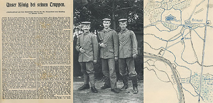 Zeitungsausschnitt, Fotografie und Karte aus dem Kriegstagebuch